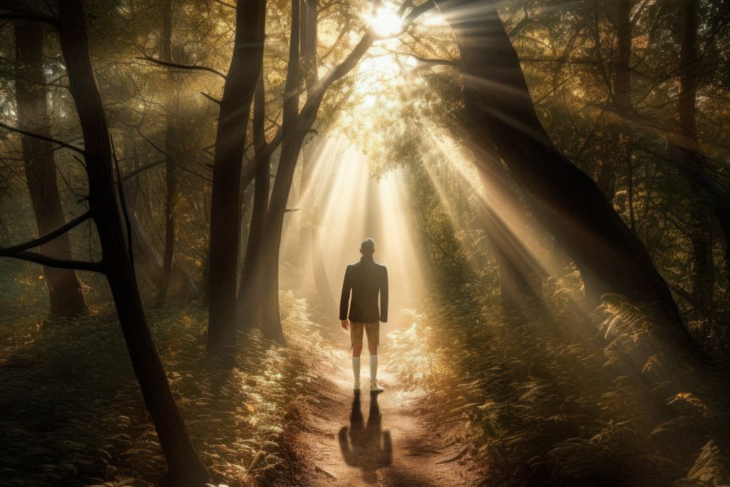 Ein mann in Lederhose steht in einem Waldweg in dem die Sonne sehr schön hereinscheint, er schaut Richtung Sonne aus dem tiefen Wald hinaus