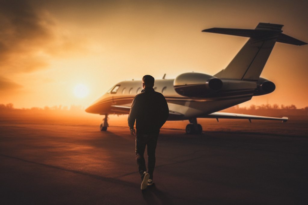 Mann geht zu einem Flugzeug das auf einen Flugzeuglandeplatz steht, im Hintergrund scheint die Sonne