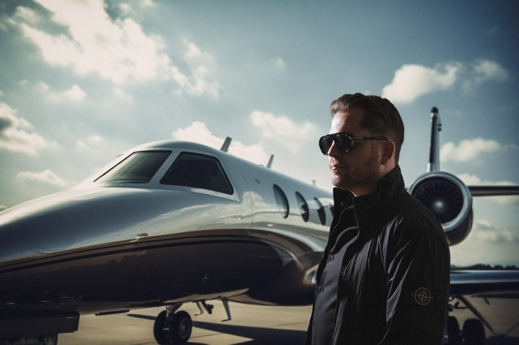 Mann geht neben dem Flugzeug, man sieht den Mann von vorne und er schaut an der Kamera vorbei