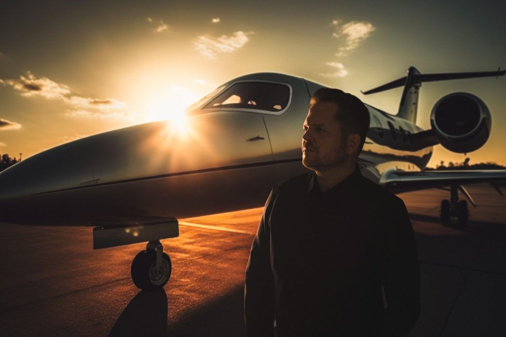 Mann geht neben dem Flugzeug, im Hintergrud scheint die Sonne, man sieht den Mann von vorne und er schaut an der Kamera vorbei